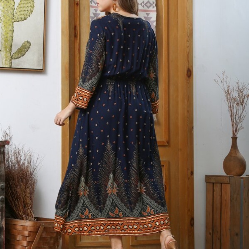 Plus Paisley Print V neck Midi Dress Cottagecore - Picture 3 of 5